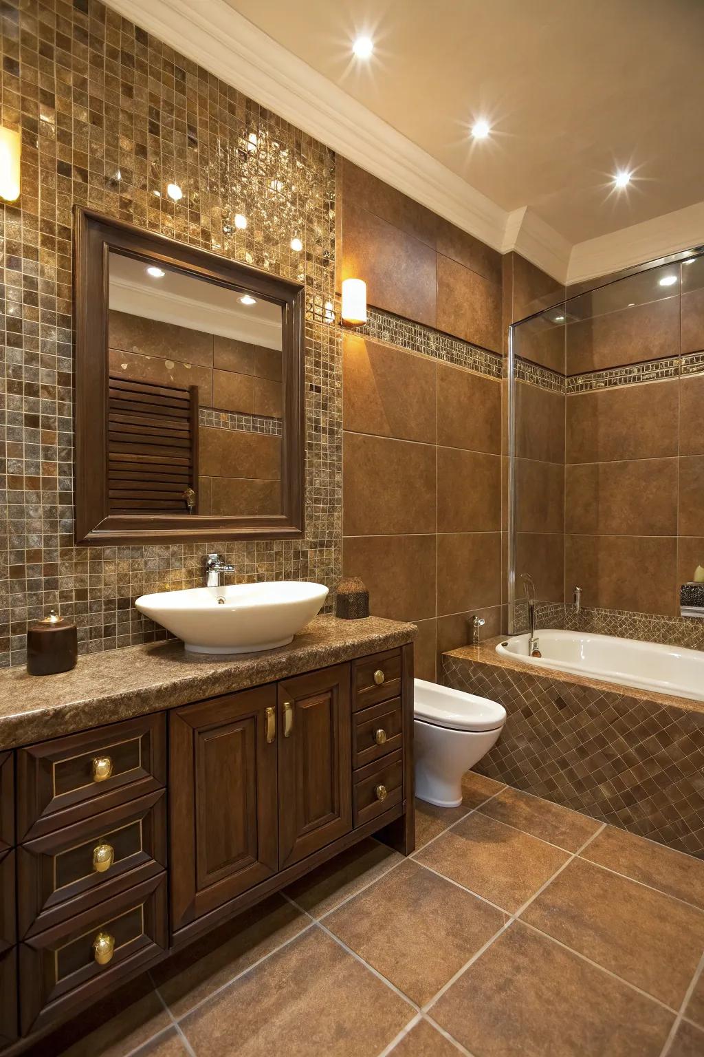 Bronze mosaics add luxury and dimension to vintage brown squares.