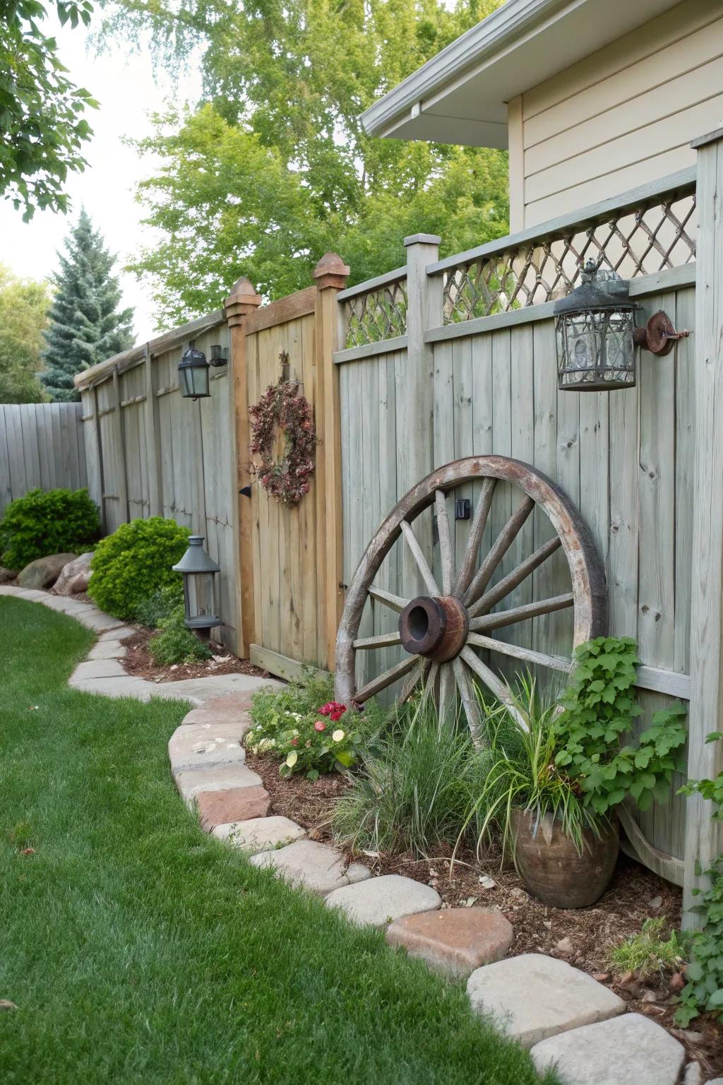 A cartwheel artistically incorporated into a backyard fence, incorporating visual interest.