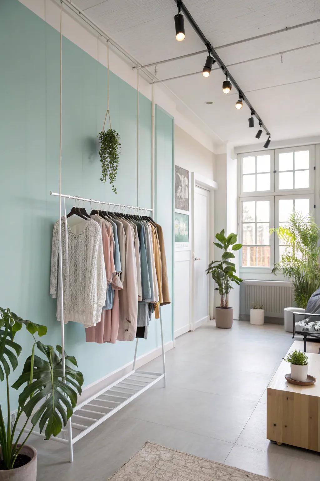 A light and airy room featuring a floating wall-mounted clothing rack.