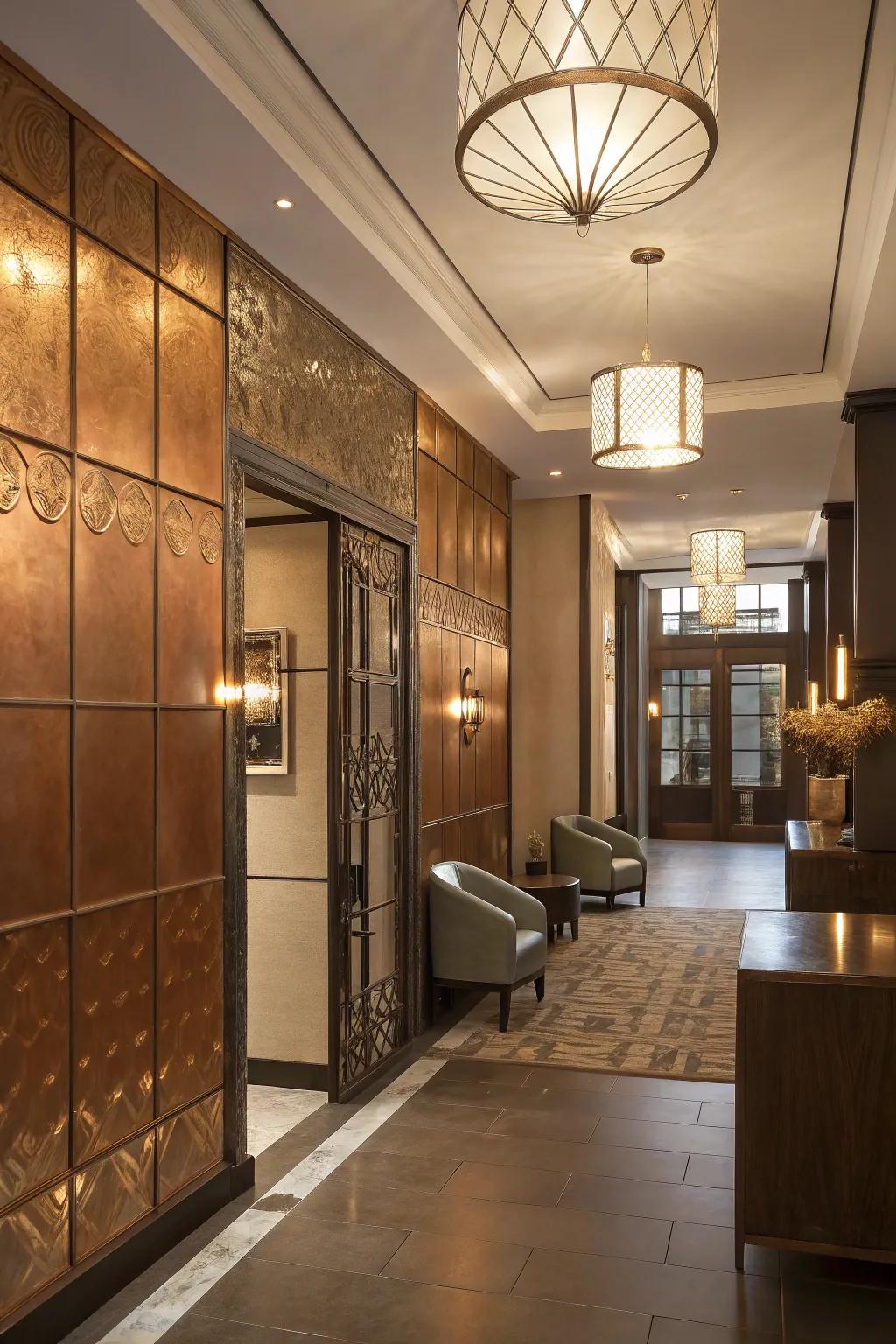 Metallic accents enhance walls with a glamorous touch.