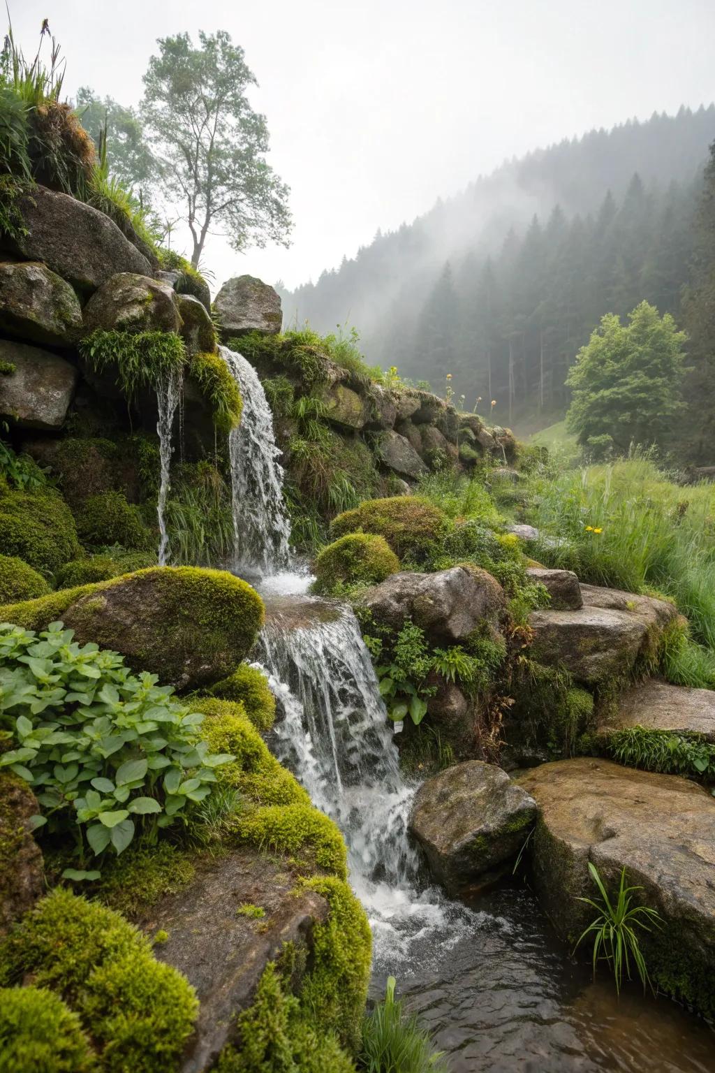 Natural rock arrangements mimic the beauty of natural waterfalls.