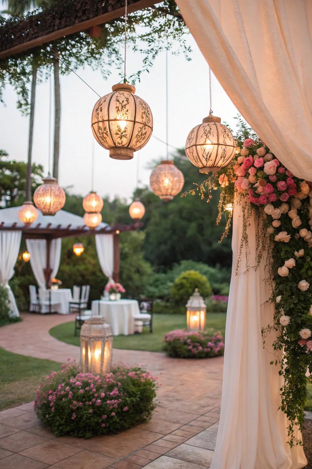 Suspended luminaries append whimsy to the wedding ornamentation.