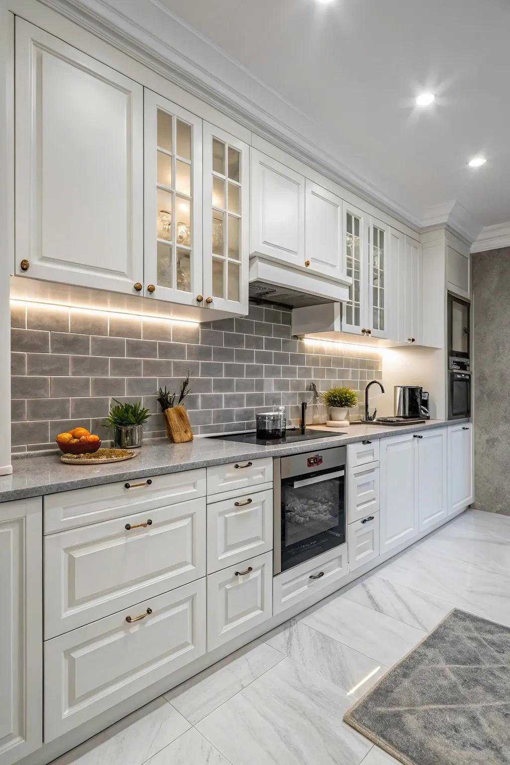 Slate-toned tiles harmonizing with white cabinets, creating a modern contrast.