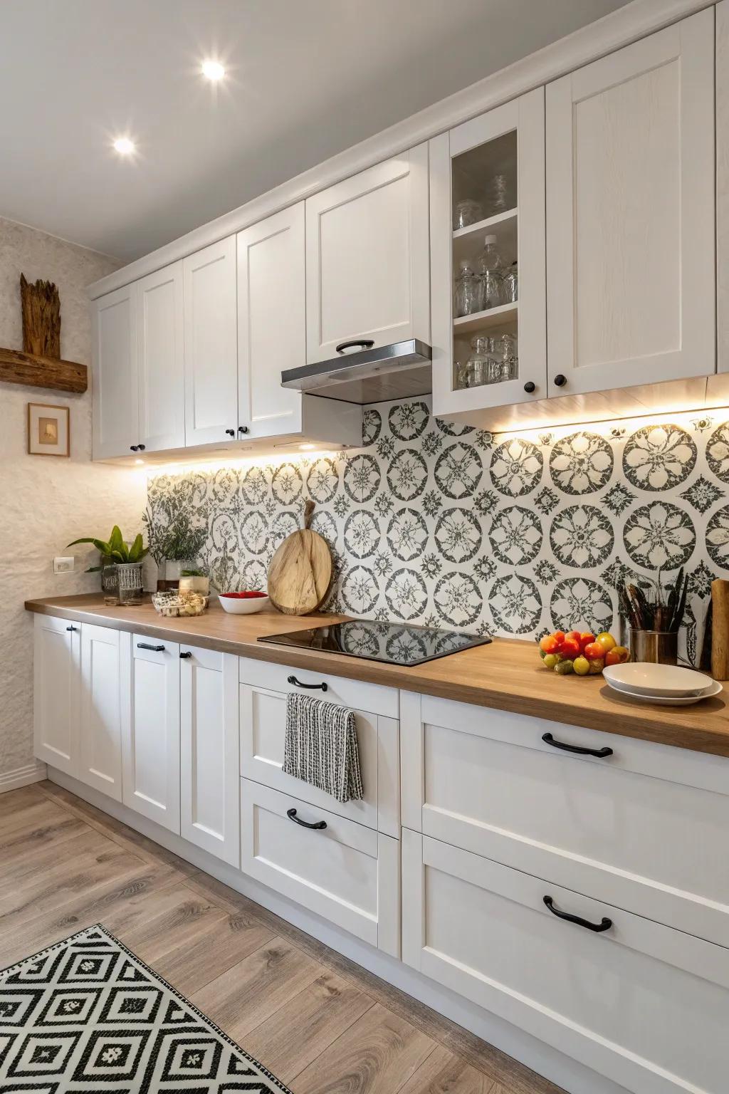 A geometric backsplash imbues a distinctive architectural touch.
