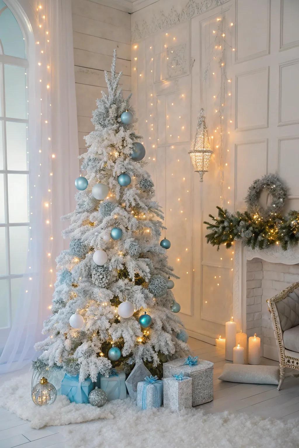 Frosted winter wonderland theme on a white Christmas tree.