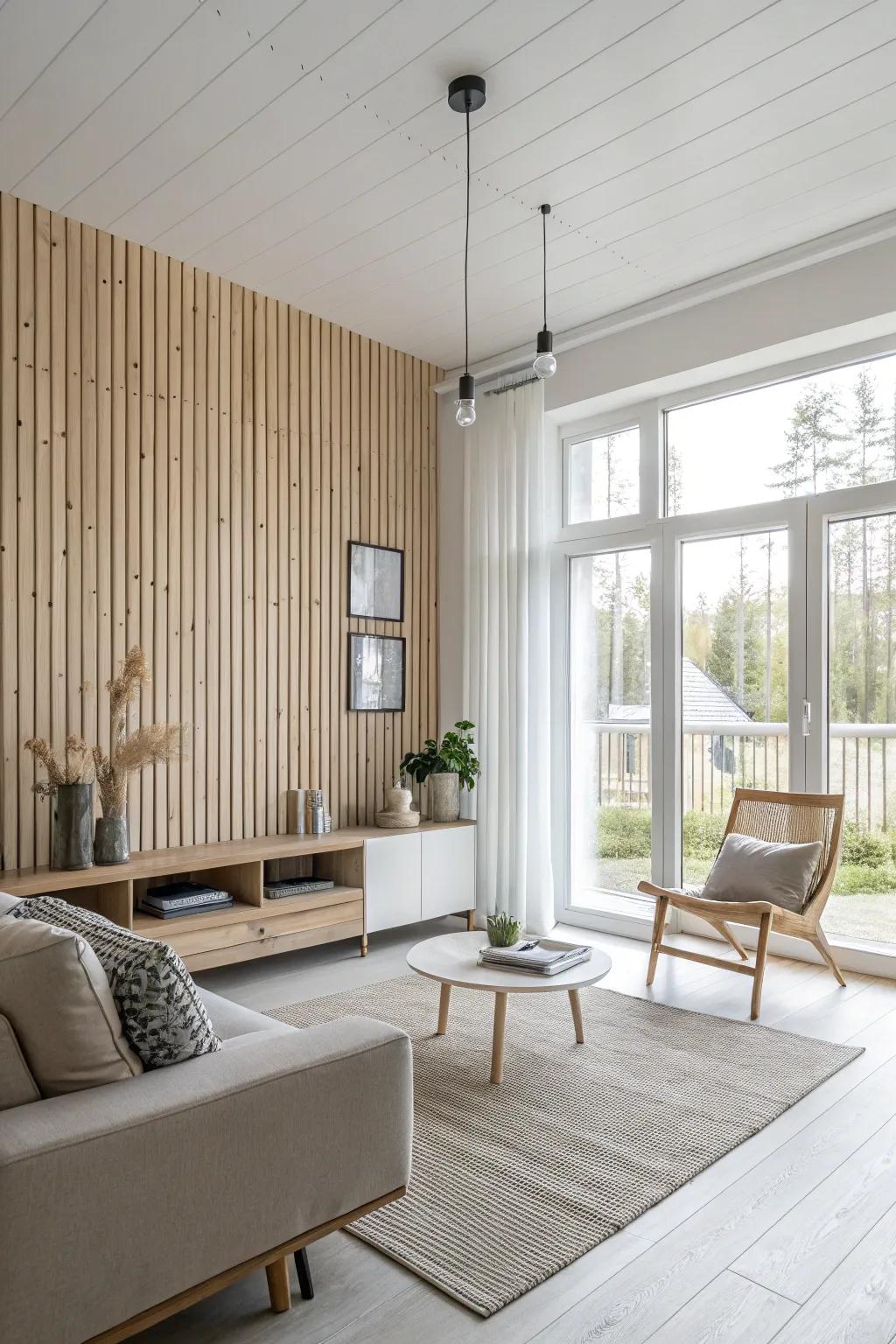Achieve tranquility through Scandinavian-inspired timber slats.