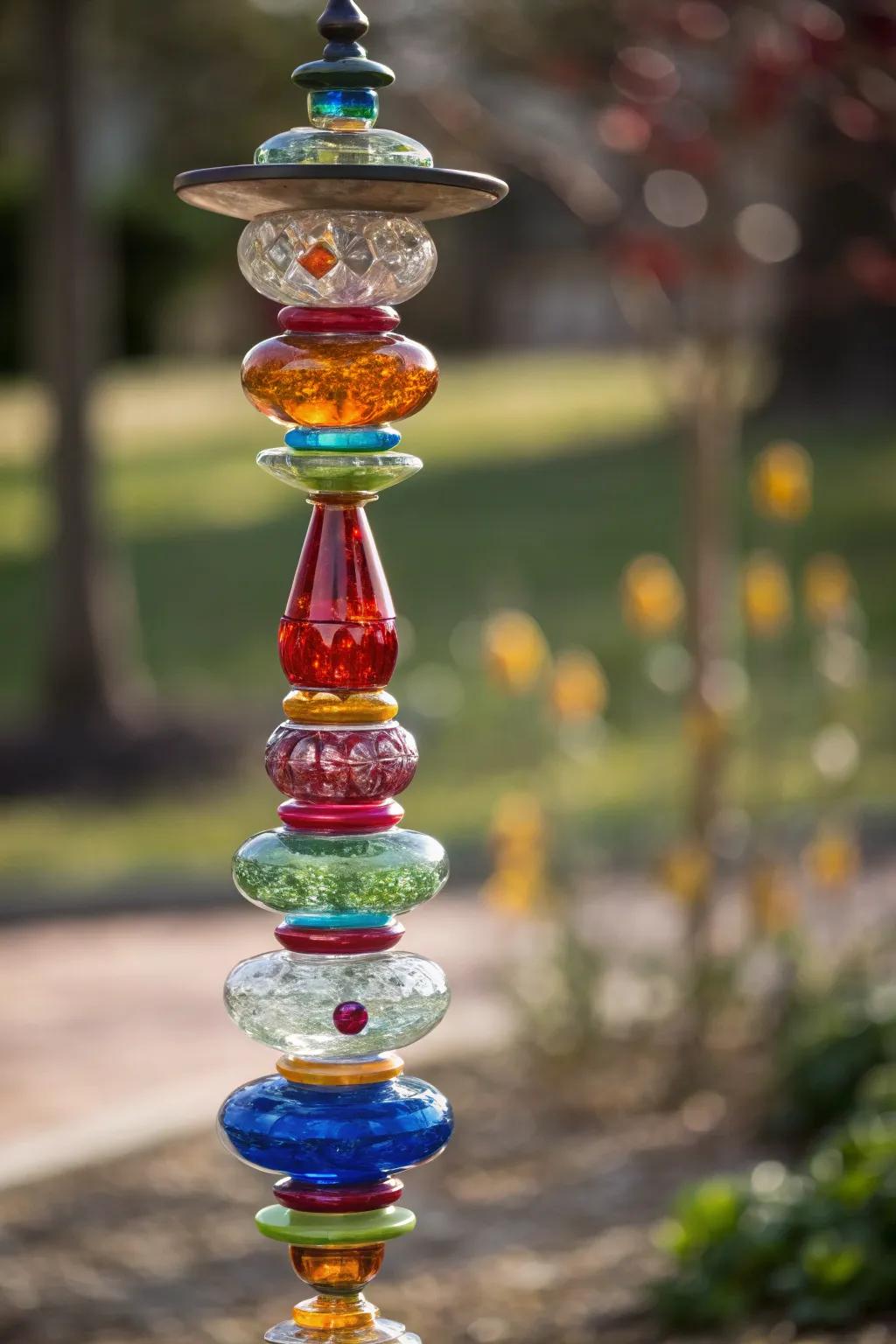 Glass garden totems add a splash of color to this garden.