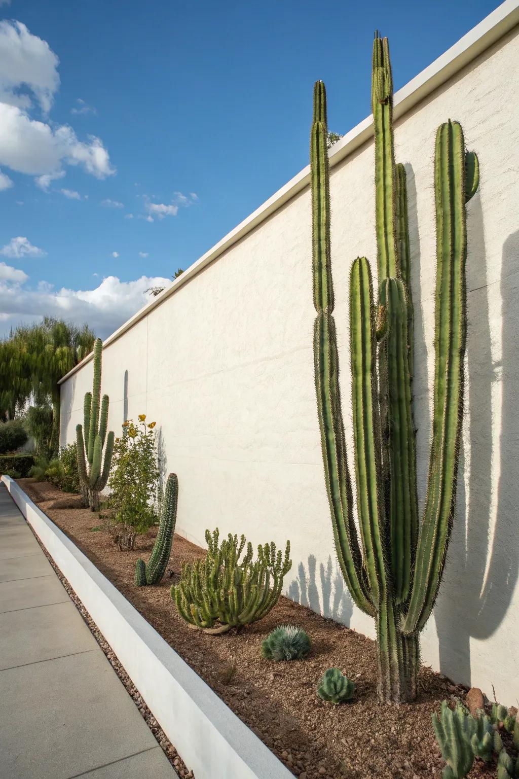 Tall cacti against light walls produce dramatic contrasts and shadows.