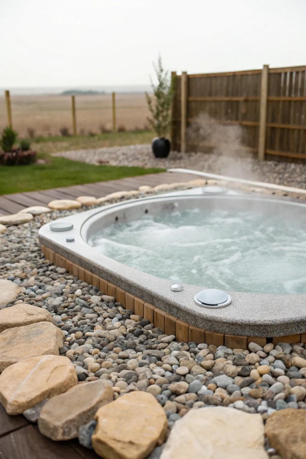 Gravel provides a natural, textured look around the hot tub.