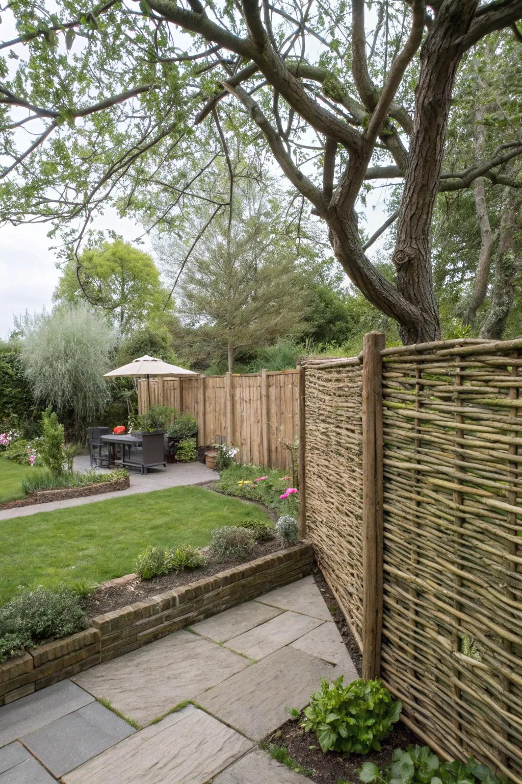 Woven willow fences add a rustic touch with effective privacy.