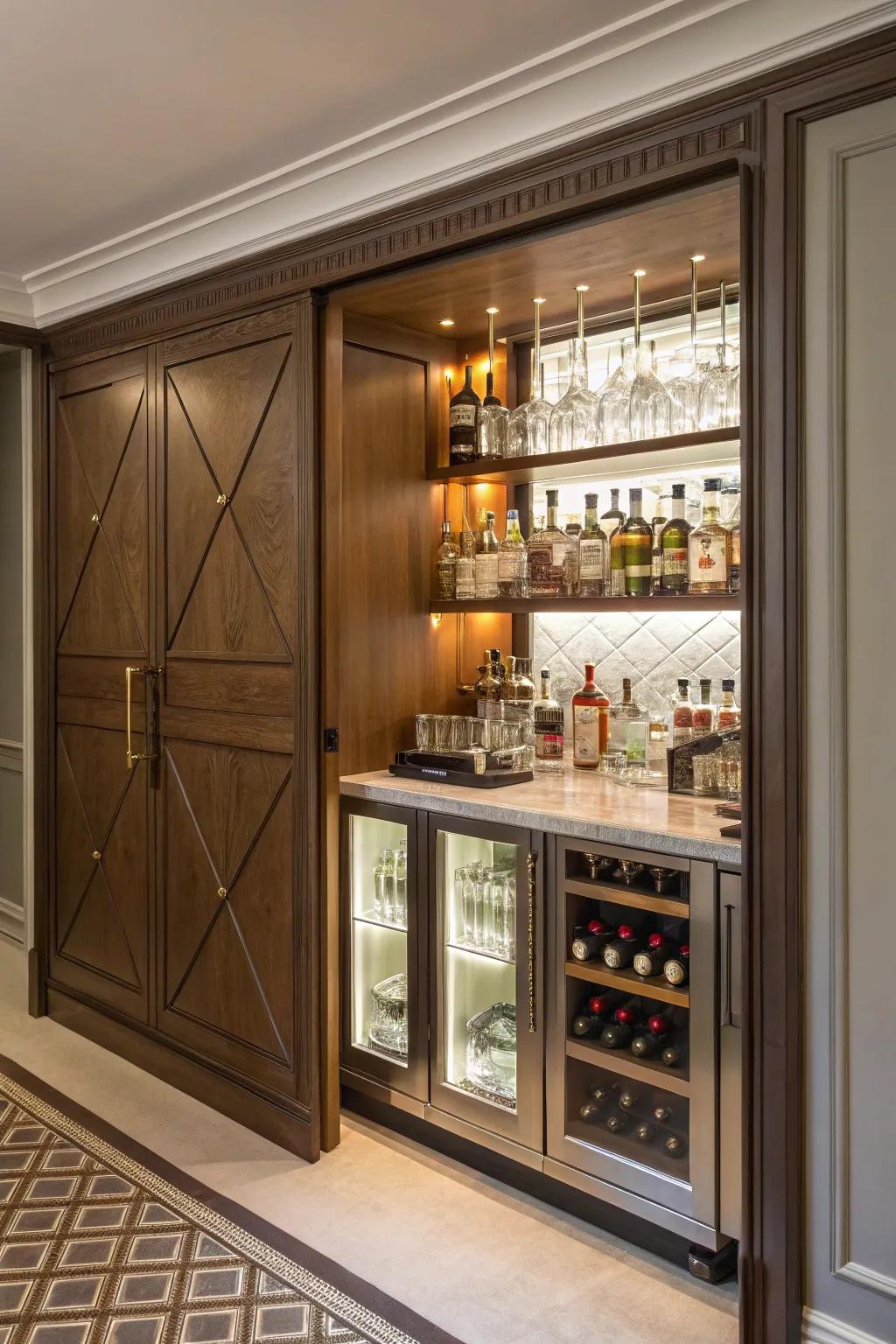 A hidden bar adds an element of surprise and elegance.