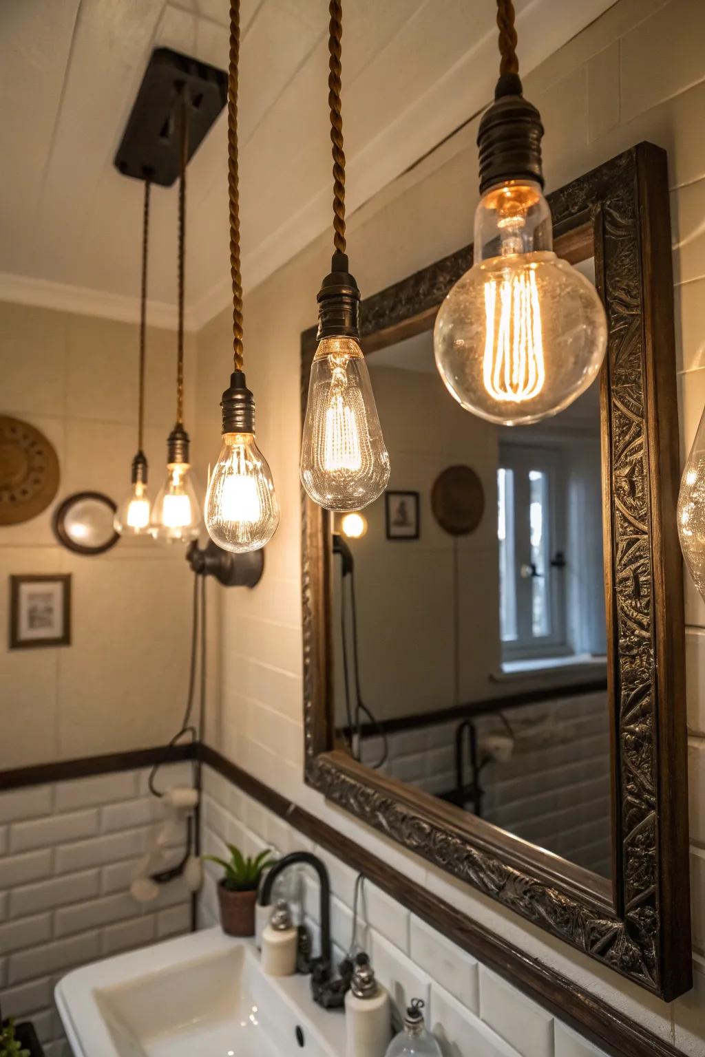 Vintage bulbs bring nostalgic charm to bathroom lighting.