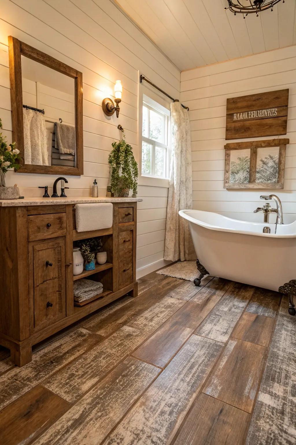 Distressed wood-look durable flooring introduces rustic charm to this country-inspired bathroom.