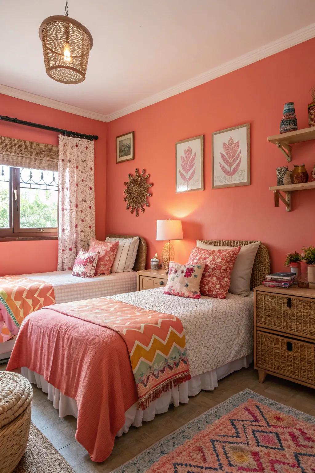 An inviting bedroom with coral walls that blend warmth and personality.