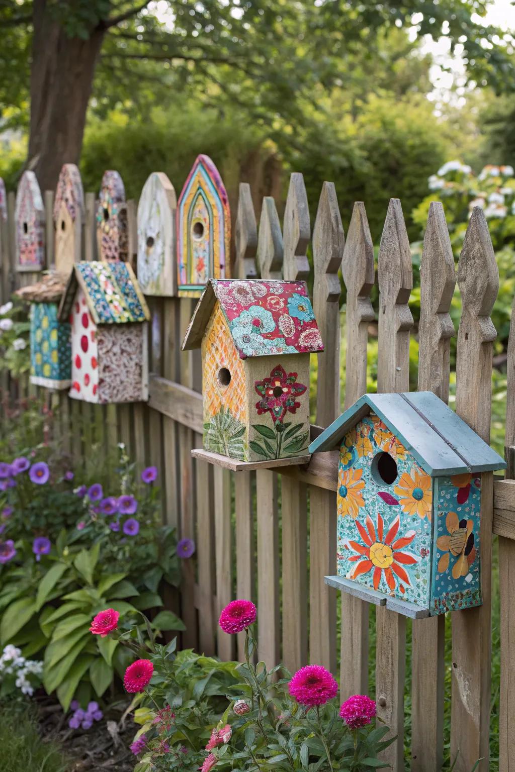 A mosaic of patterned birdhouses transforms the fence into a colorful art piece.