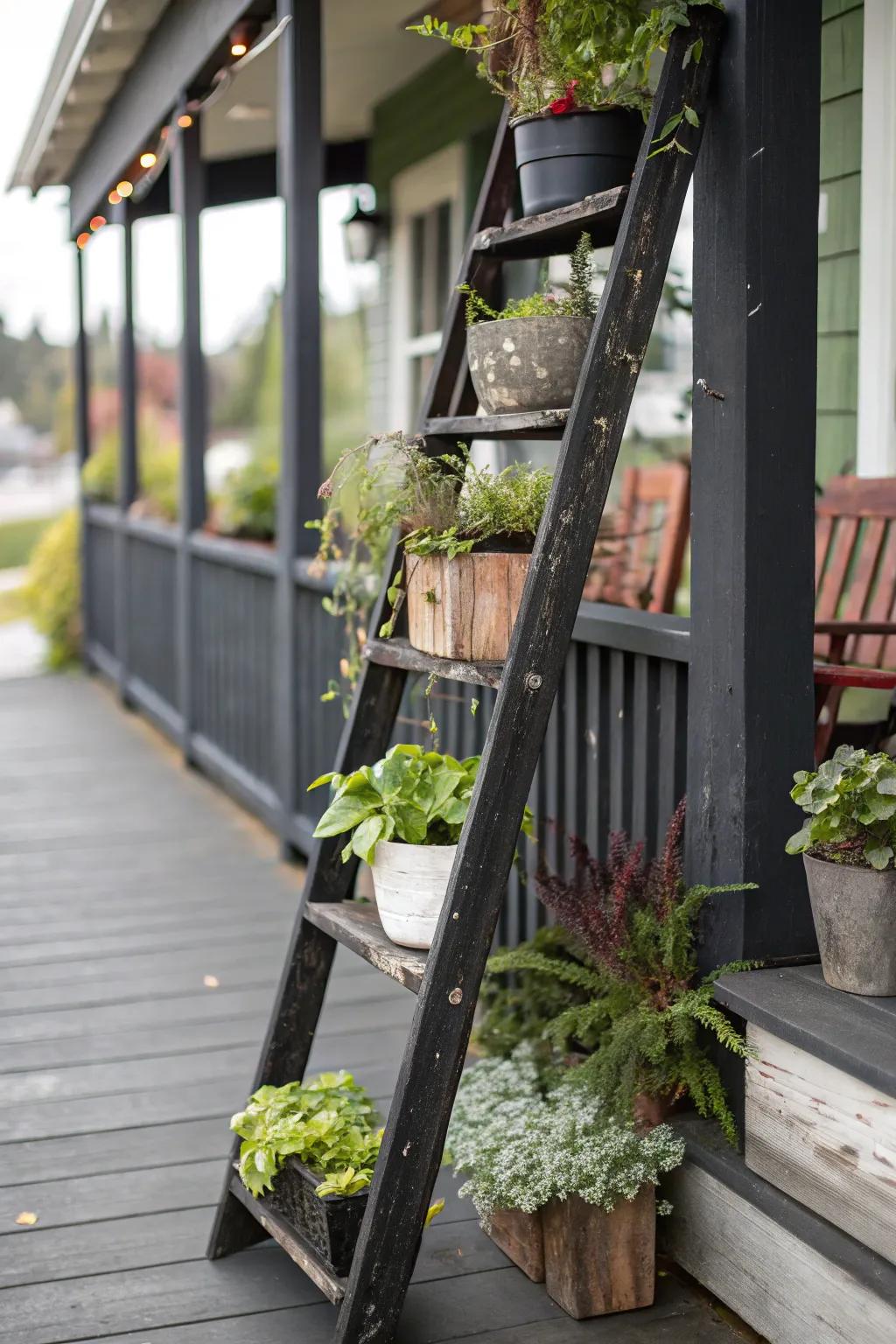 Creative plant stands, including a repurposed ladder, showcasing greenery on a dark porch.