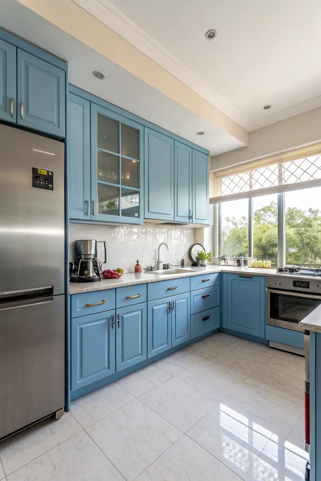 Contemporary sophistication with blue cabinets and stainless steel.