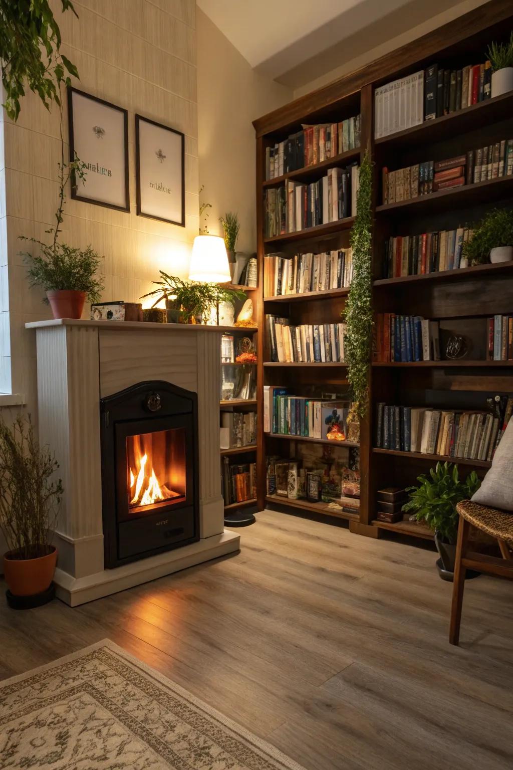 A fireplace contributes warmth to the reading space.