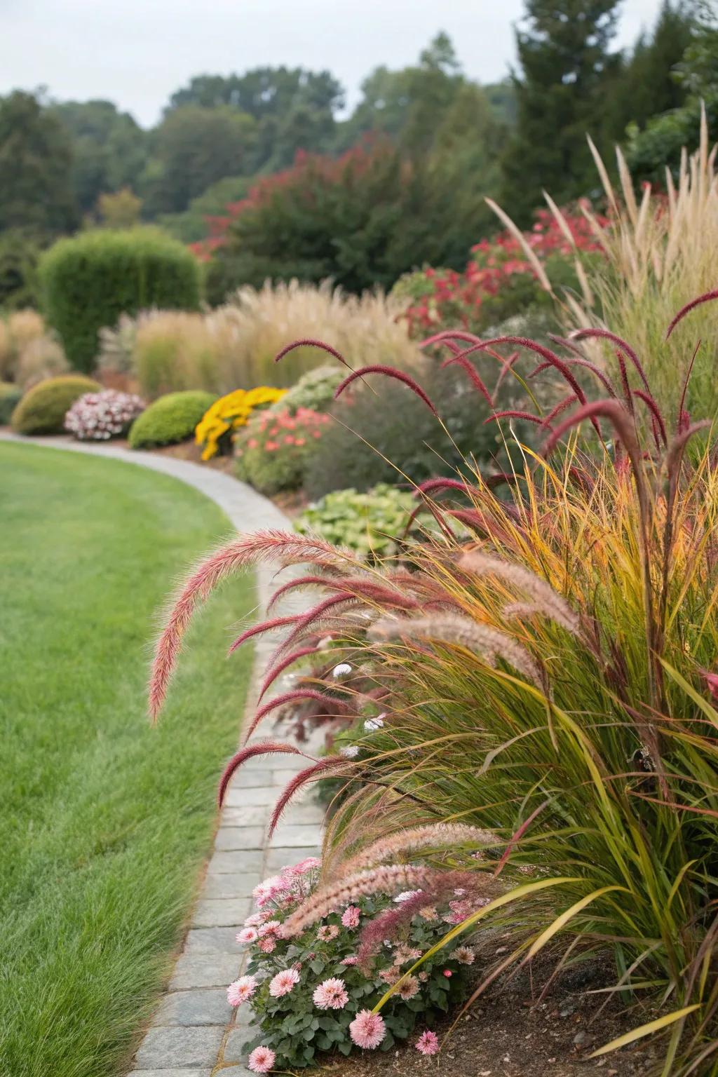 Patterned grasses add an unexpected element to garden boundaries.