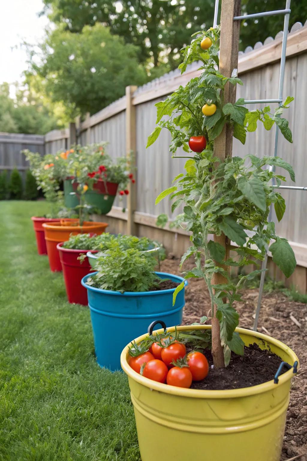 A themed salsa garden in buckets ready for summer gatherings.