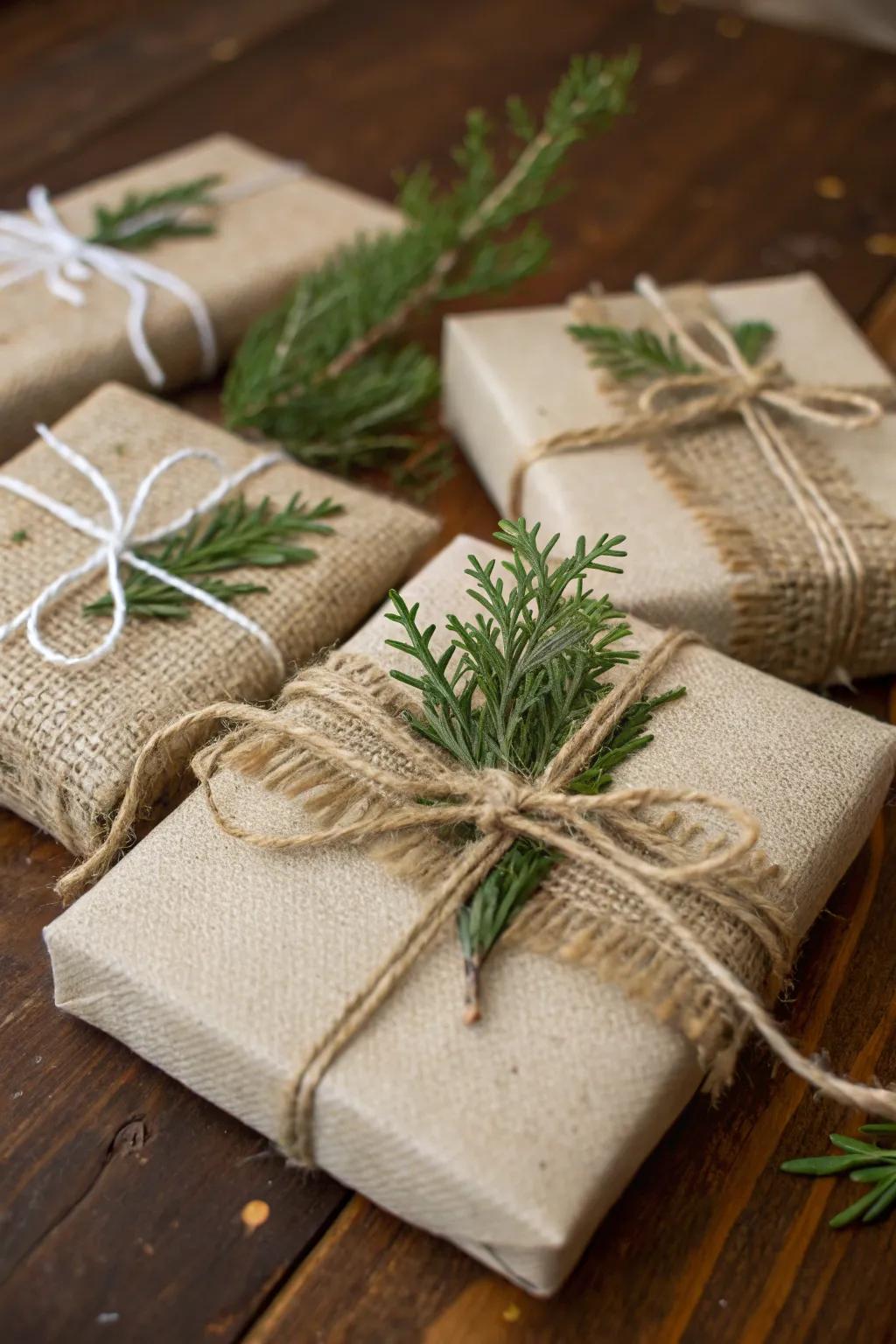 Burlap gift wrapping is both charming and eco-friendly.