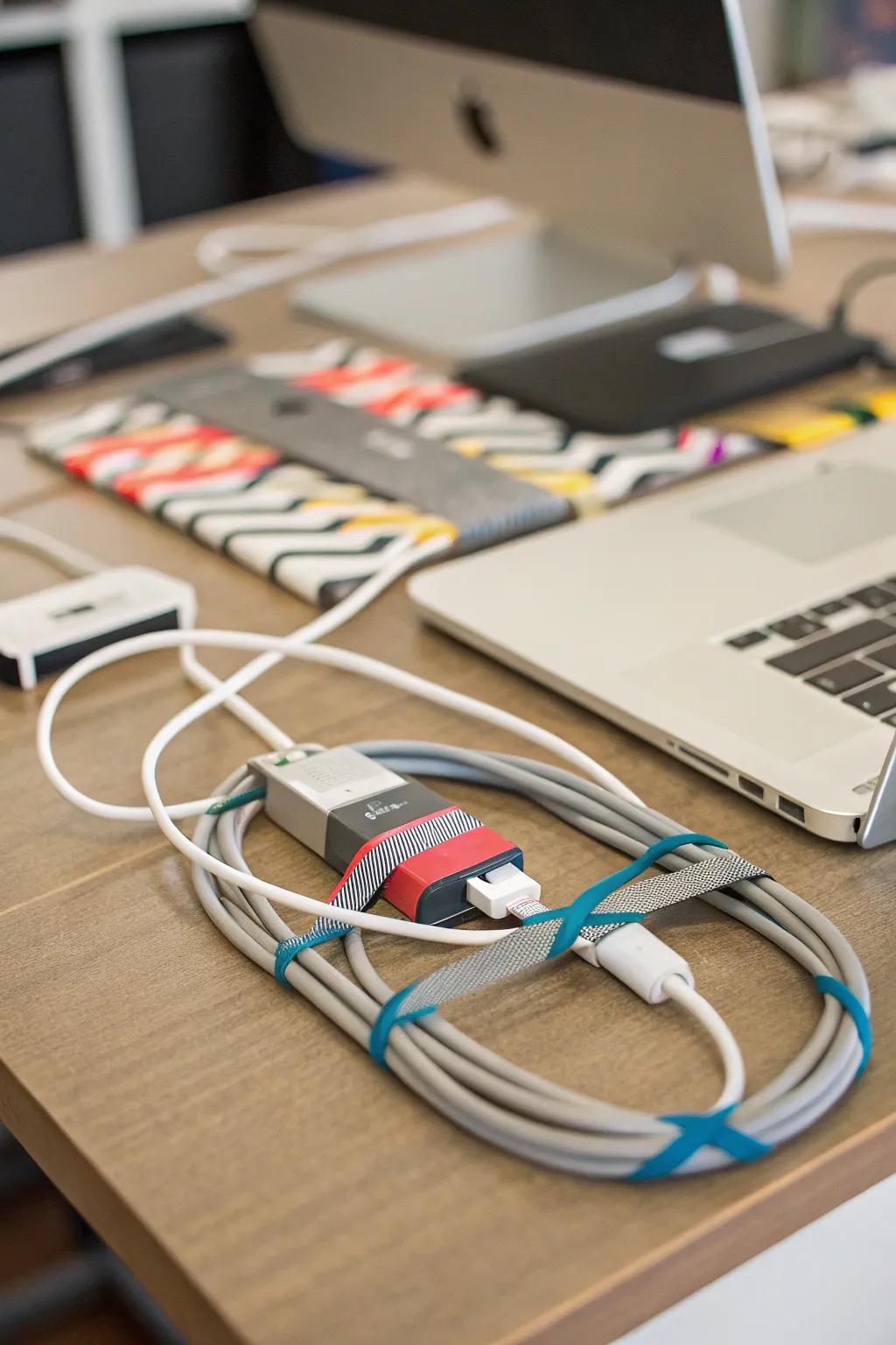 Strong tape offers a quick solution for cable organization.