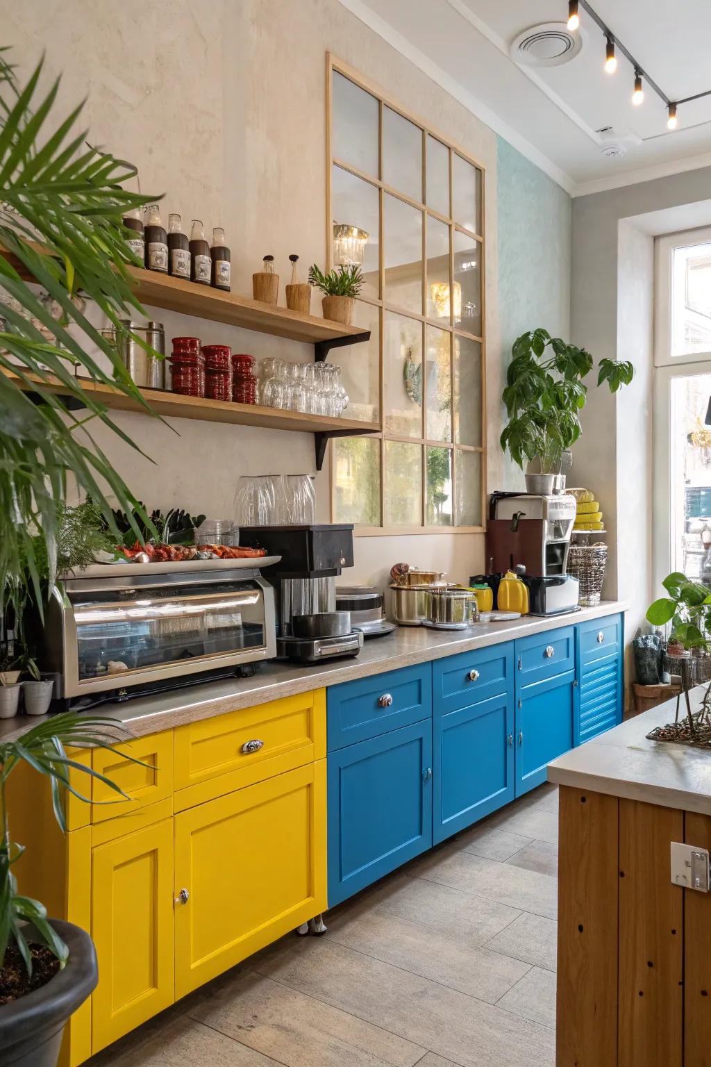 A splash of color in a cafe kitchen creating a lively atmosphere.