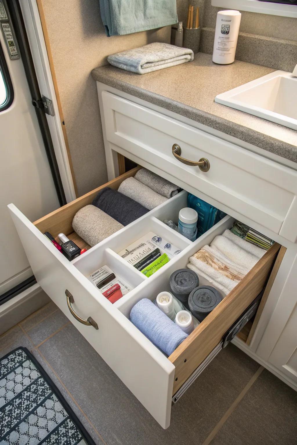 Drawer dividers ensuring neat and organized storage in a camper bathroom.
