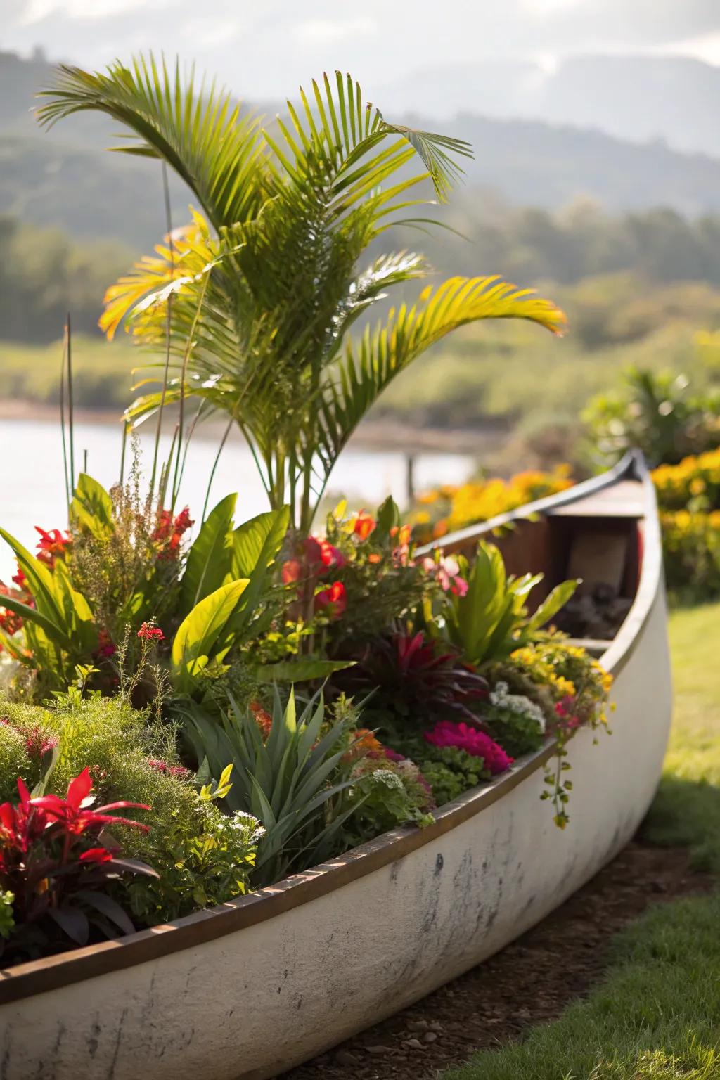 A tropical-themed canoe planter adds an exotic touch to your garden.