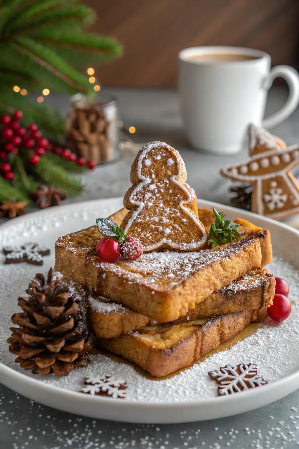 Spiced gingerbread French toast for a festive touch.