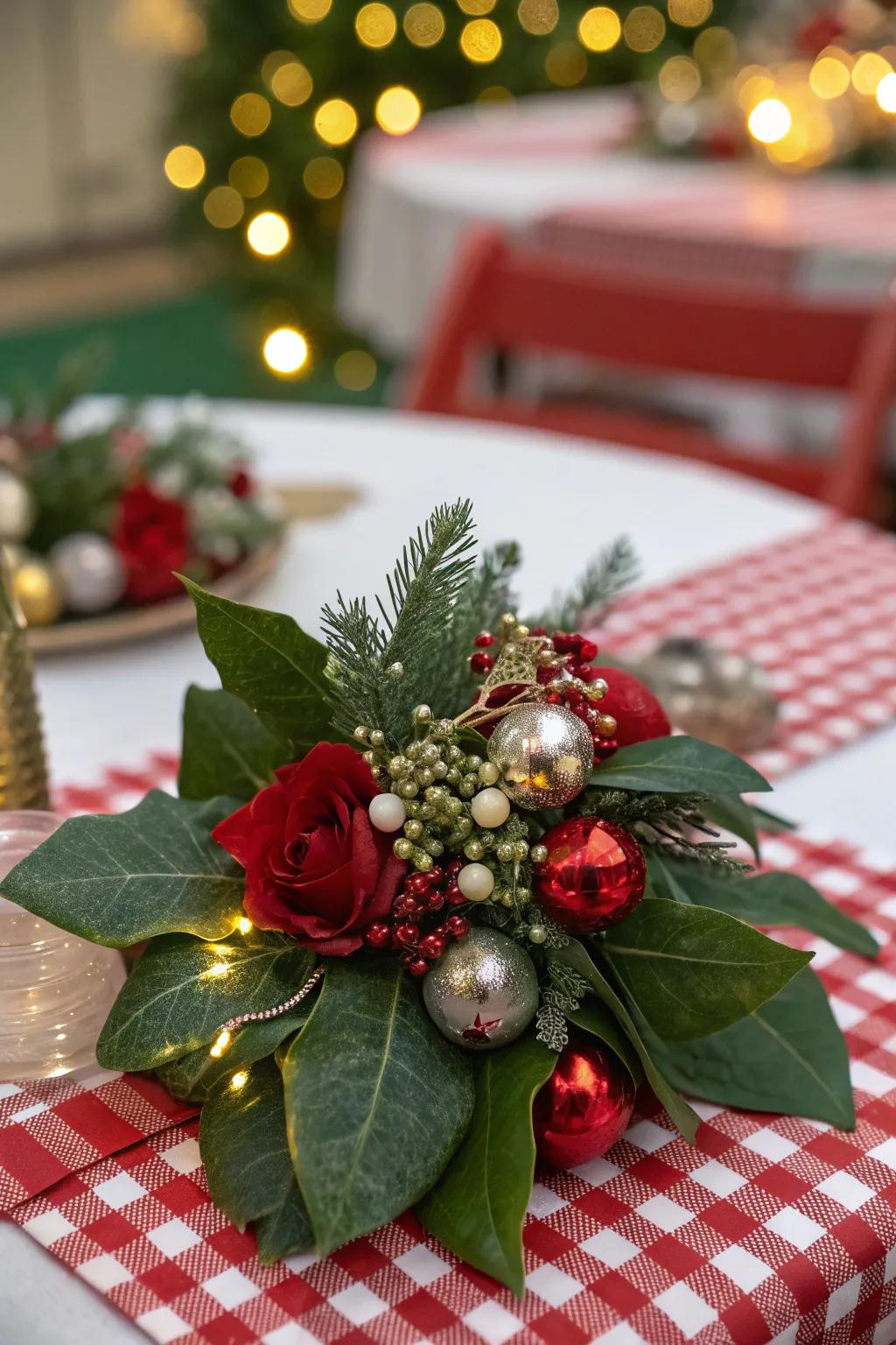 An opulent Christmas corsage with miniature ornaments.