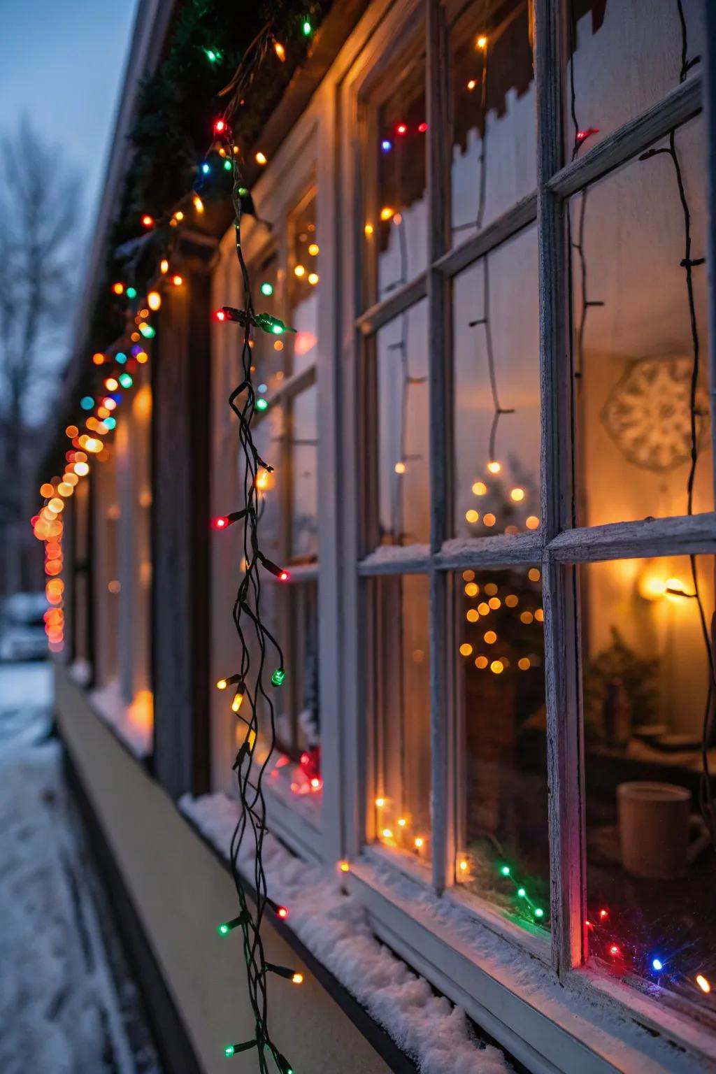 A vibrant window display with colorful Christmas lights.