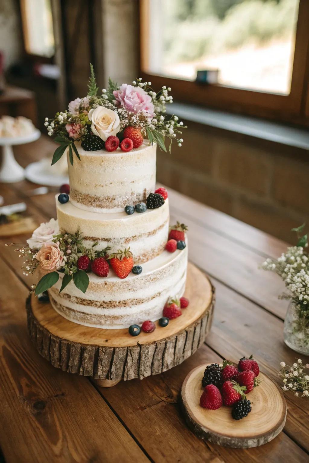 A rustic wedding cake with natural decorations.