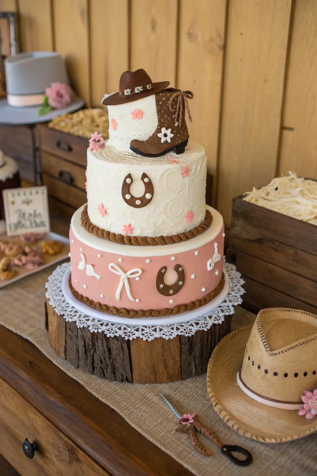 A country wood effect establishes a natural and earthy ambiance for this cowgirl cake, crafting a rustic and inviting centerpiece.