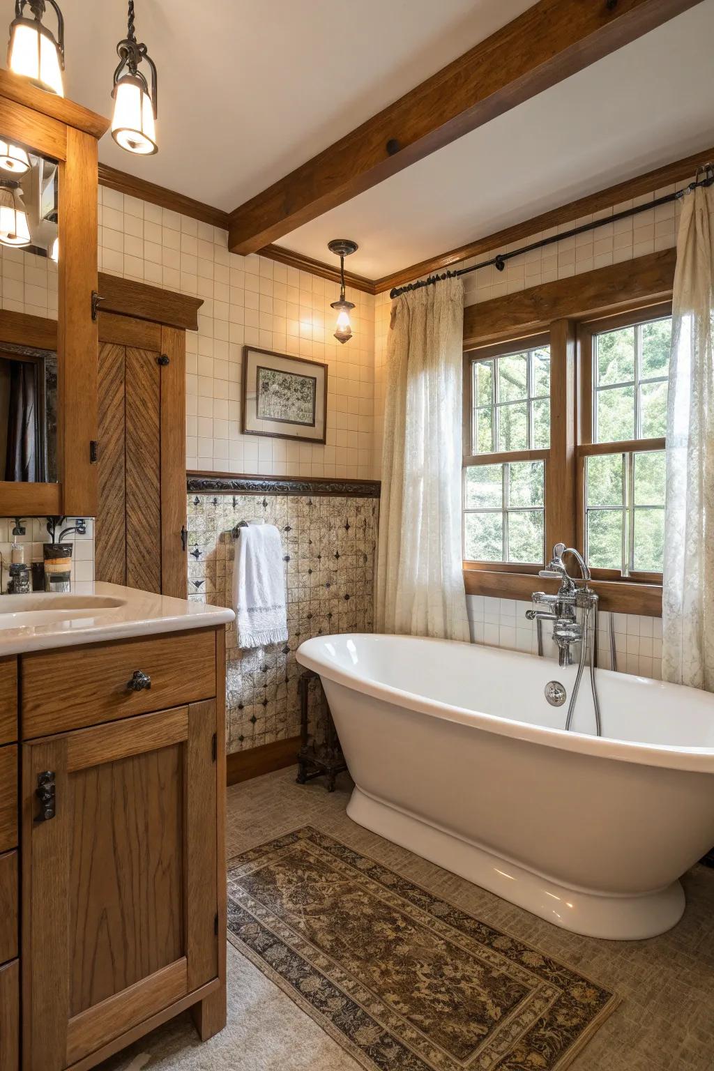 A freestanding bathtub providing elegance in the craftsman bathroom.