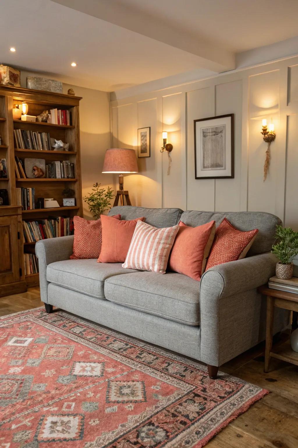 Coral pillows grant a cozy and hospitable touch onto a charcoal sofa.