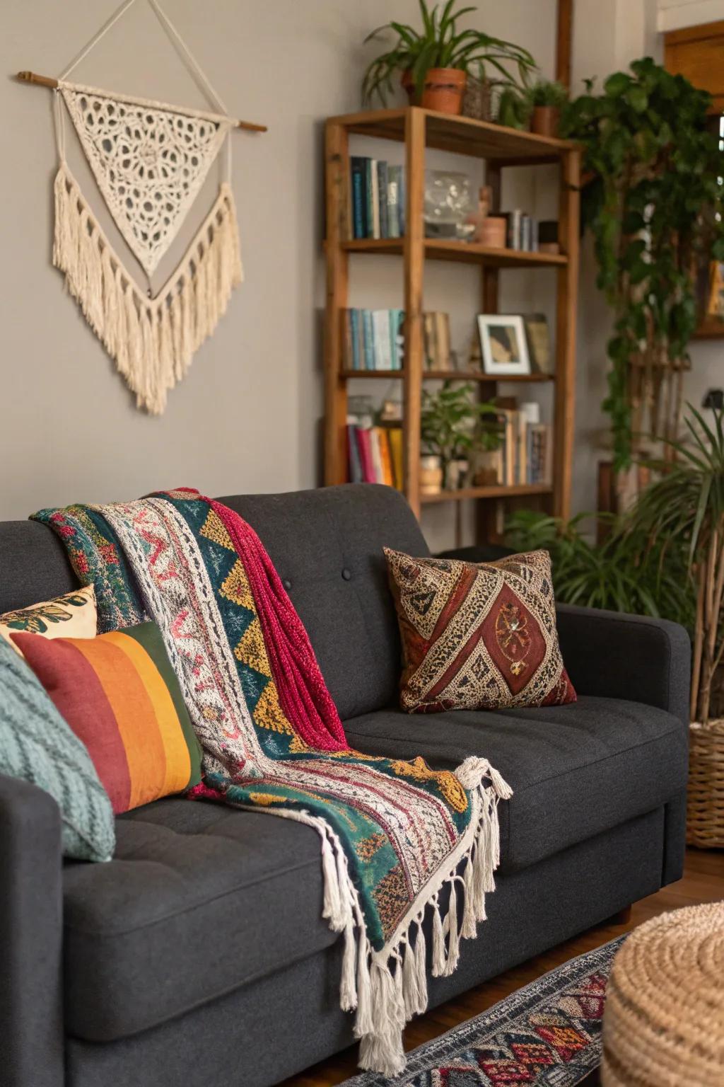 Bohemian elements add a laid-back vibe to a grey sofa setting.