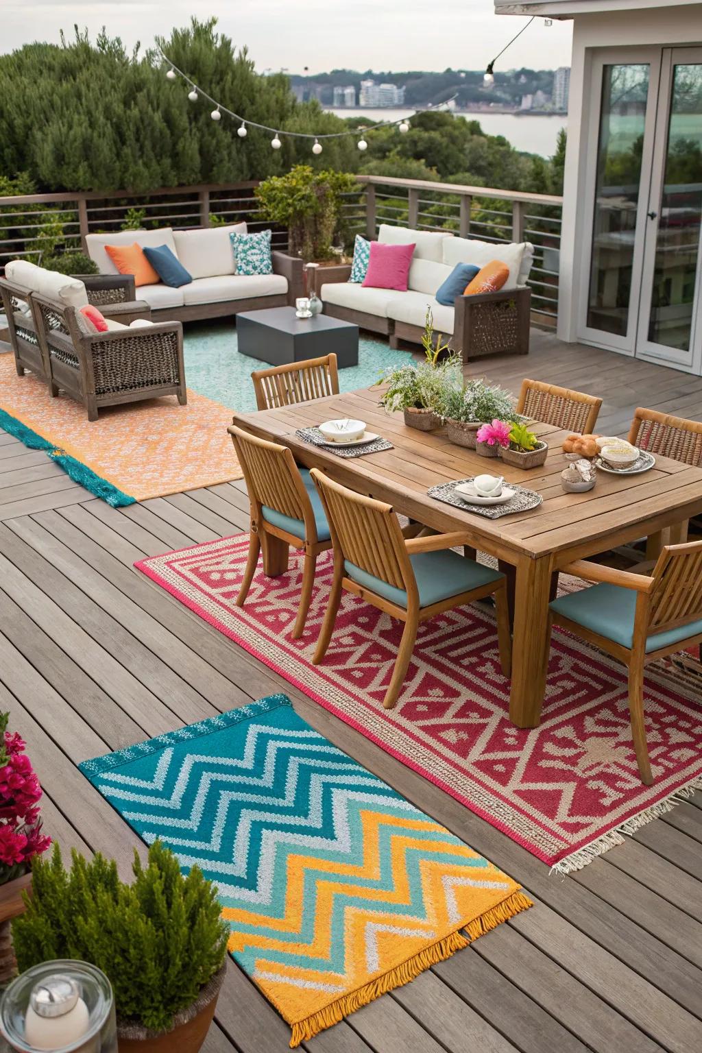 Outdoor rugs add comfort and define spaces on your deck.