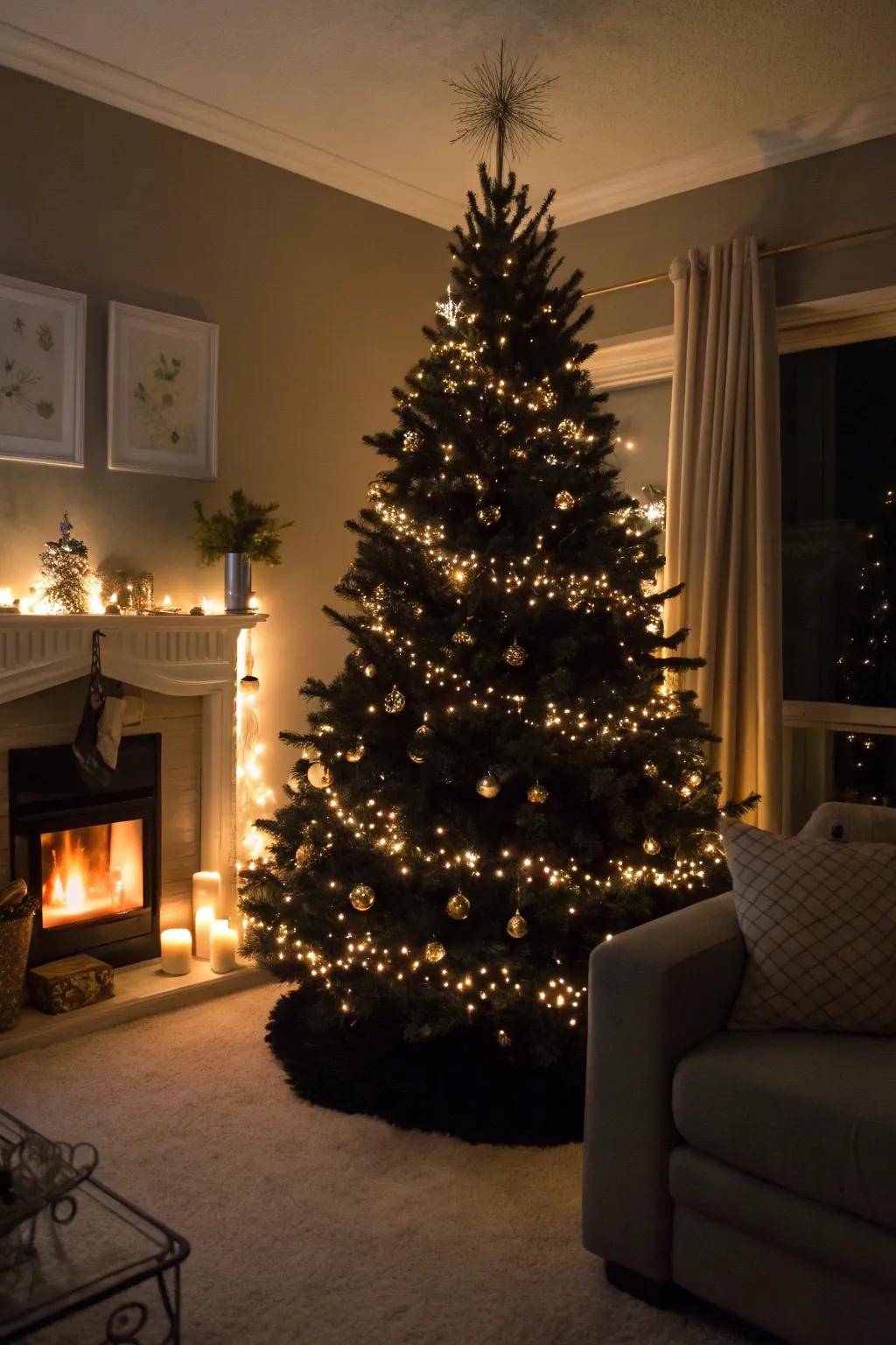 An ebony tree glowing with radiant lights.