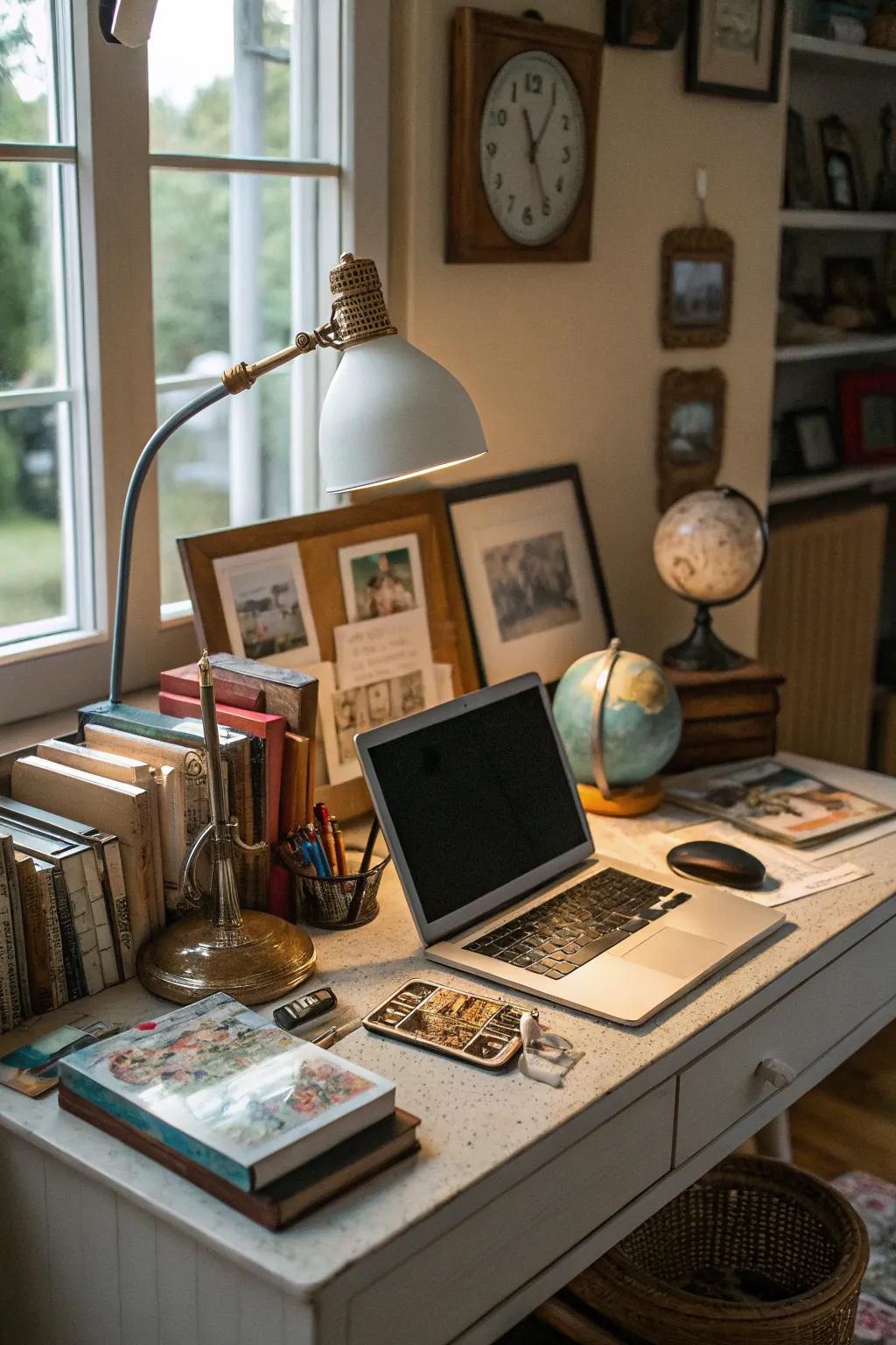 Personal mementos lending sentimental value to the workspace.