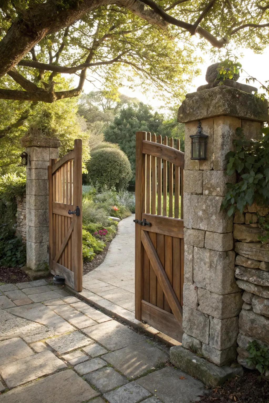 Organic stone piers complement the rustic charm of a wood gate.