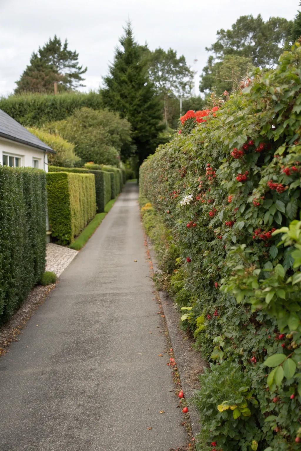 Edible plant hedges furnishing pragmatic and delightful enhancements to a driveway.