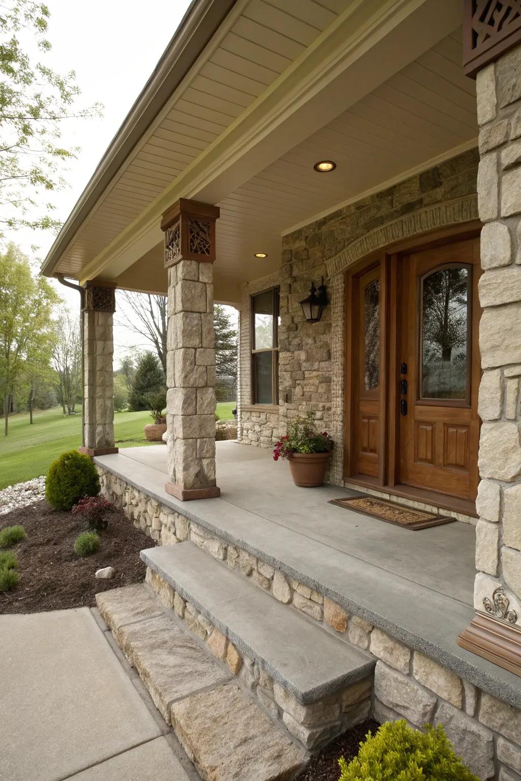 Stone features that add harmonious charm to the porch design.