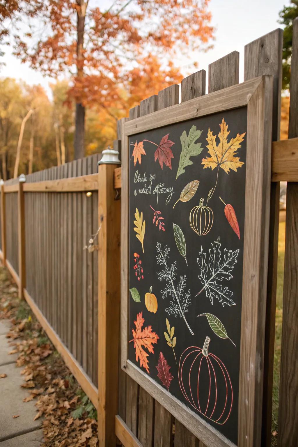 A writing board with autumn-inspired sketches enhances the fence's charm.