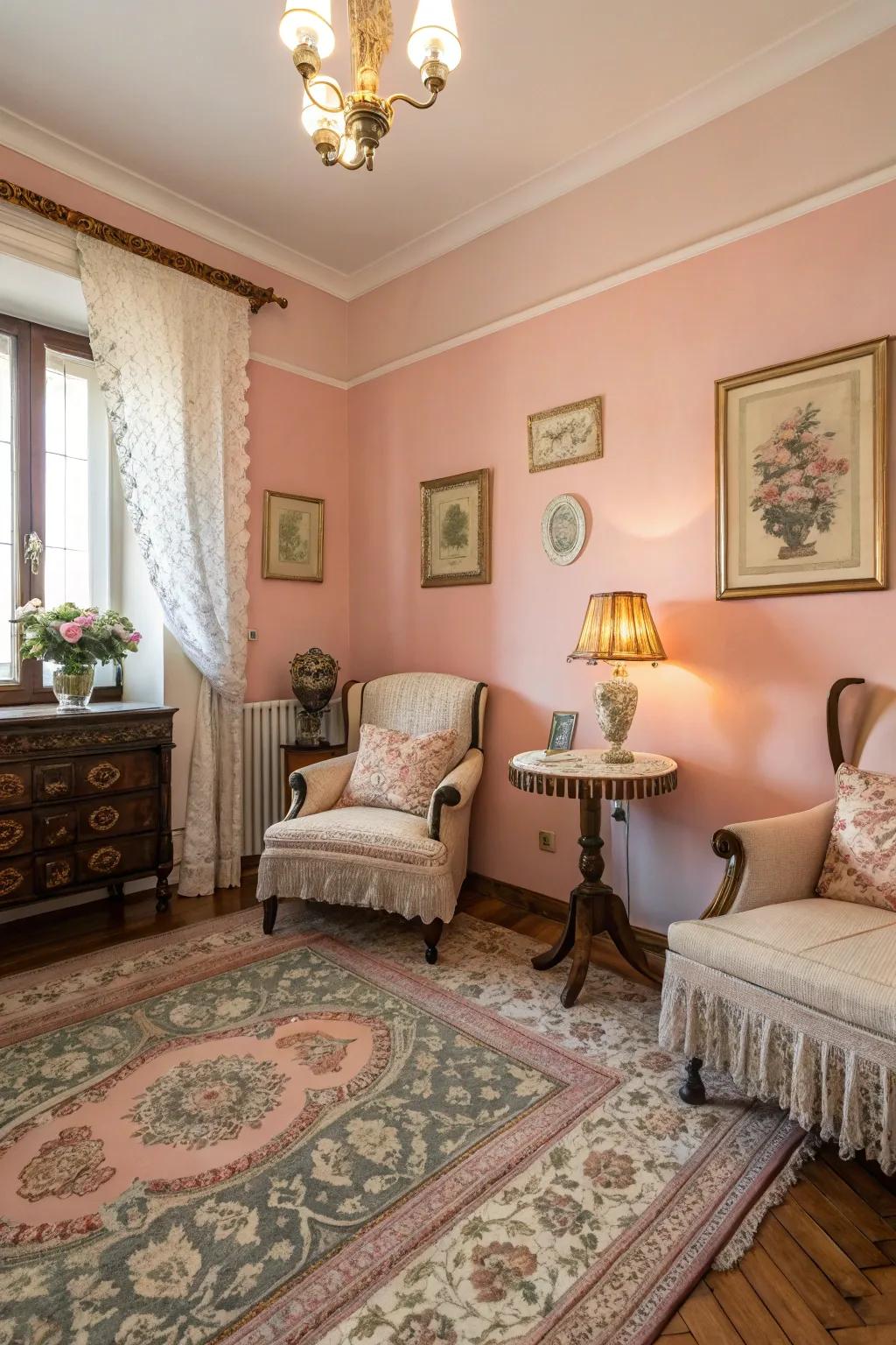 Blush pink walls add a romantic touch to this guest room.