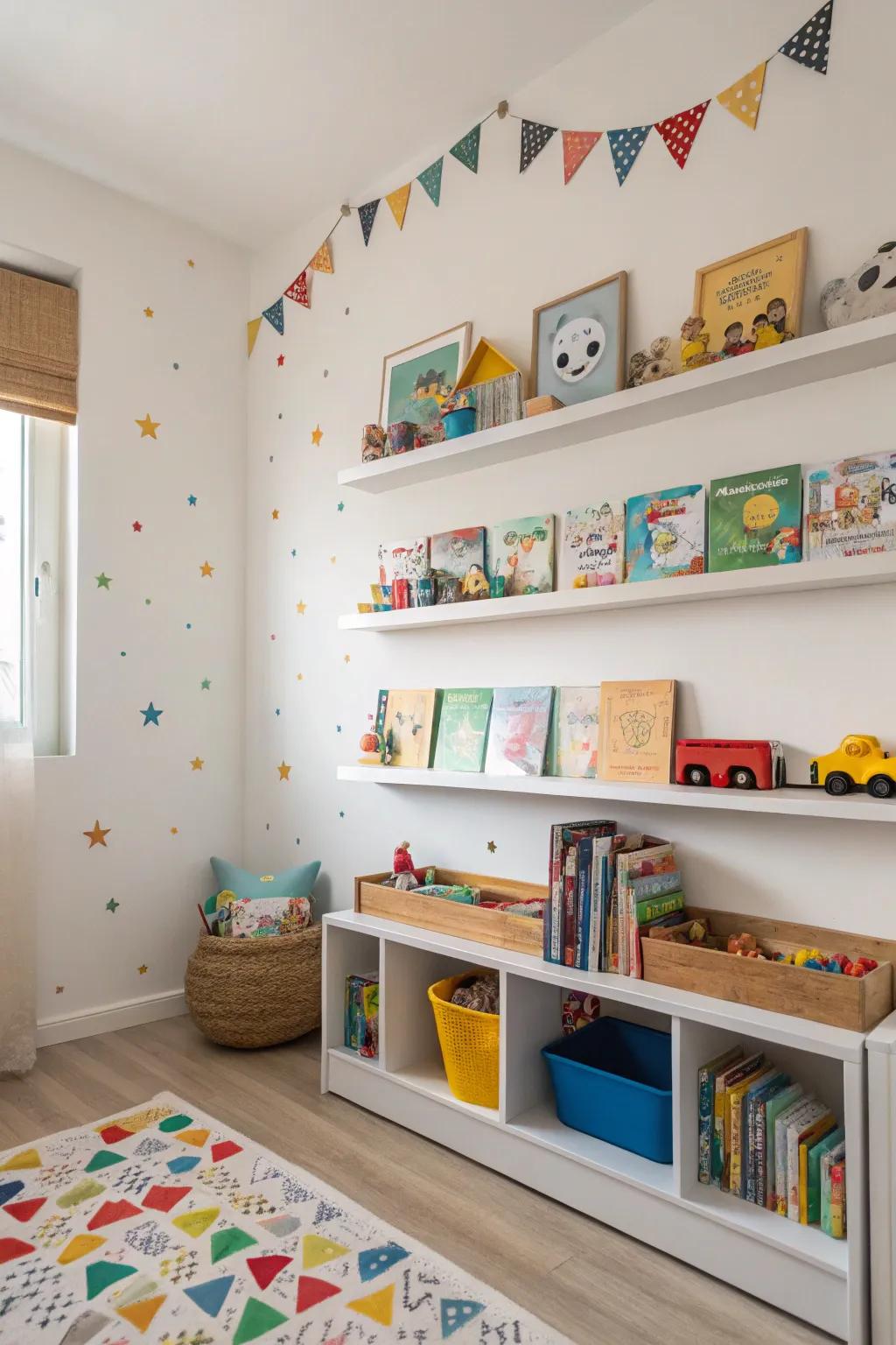 Floating shelves in a child's sanctuary for playful structure.