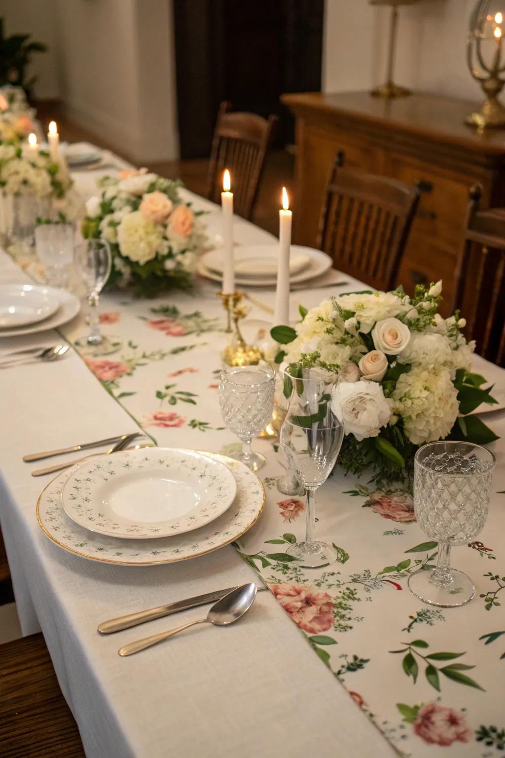 A white floral runner creating an inviting dining table setup.