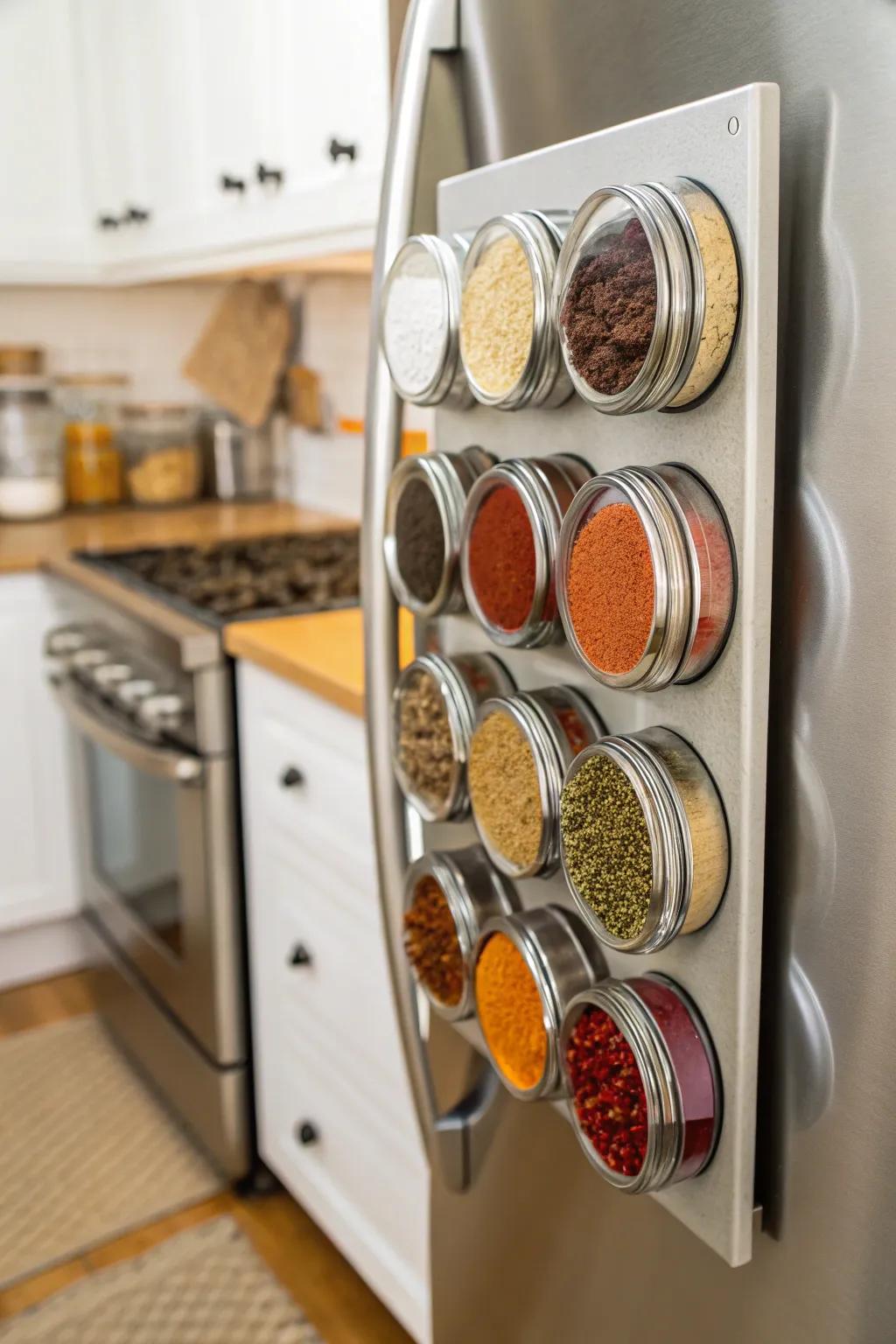 Magnetic spice jars provide convenient access and save space.