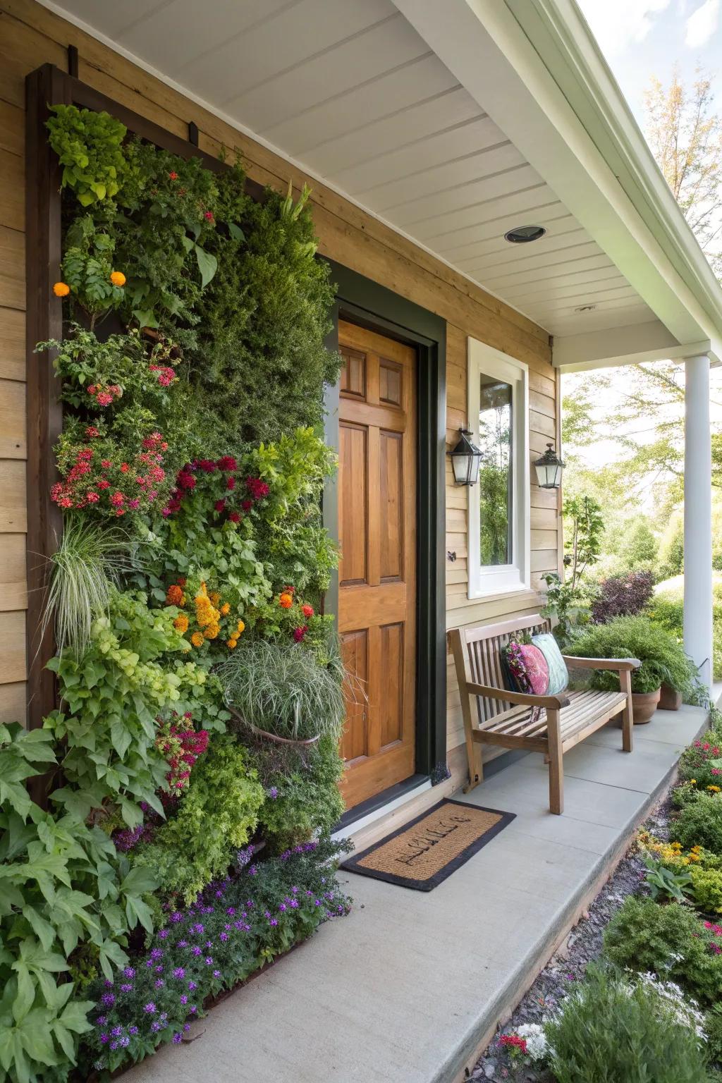 A vertical garden flourishes with herbs and flowers.