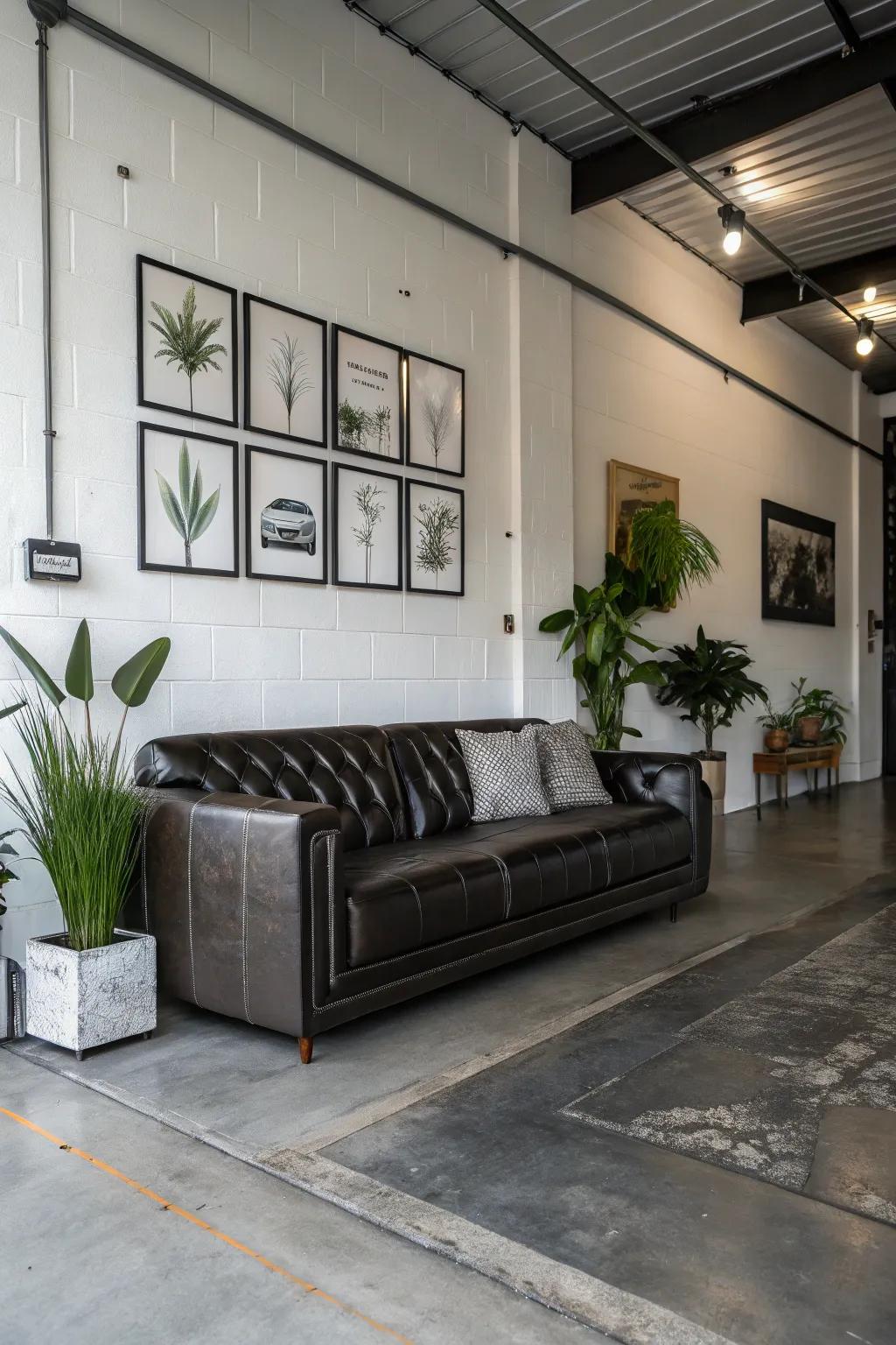 A polished leather couch adds luxury and elegance to your garage.